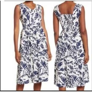 Magaschoni Linen Blend Dress Size 4 Blue White Sleeveless Fit Flare Tropical